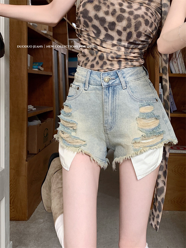 ~American Spicy Girl Broken Hole Denim Shorts Women's High Waist A-line Design Feeling Fleece Wide Leg Hot Pants