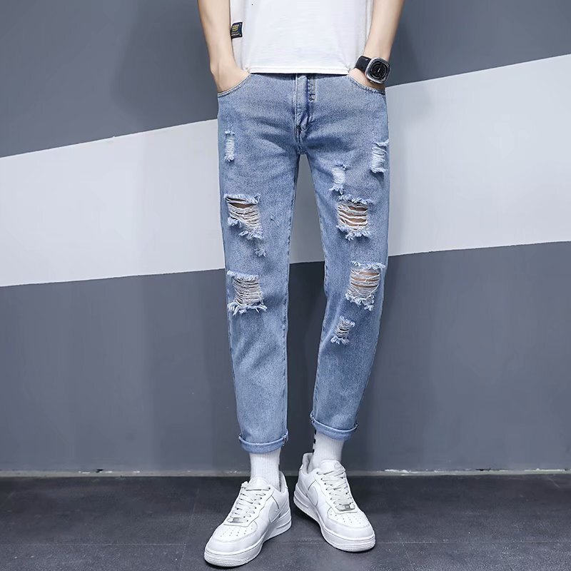 Summer thin cut ripped cropped jeans men's brand slim fit small footed beggar casual pants trendy and versatile