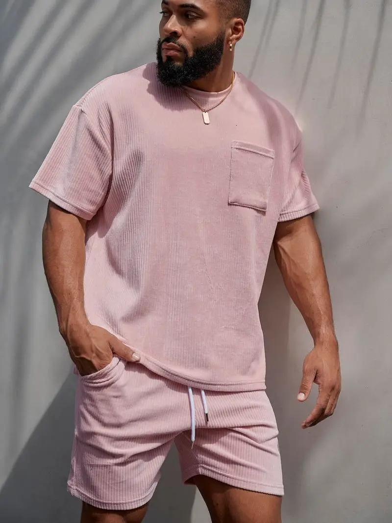 Summer Corduroy Tracksuit Mens Short Sleeve T-ShirtShorts 2 Piece Set Sports Suit Men Gyms Fitness Sportswear Male 240715