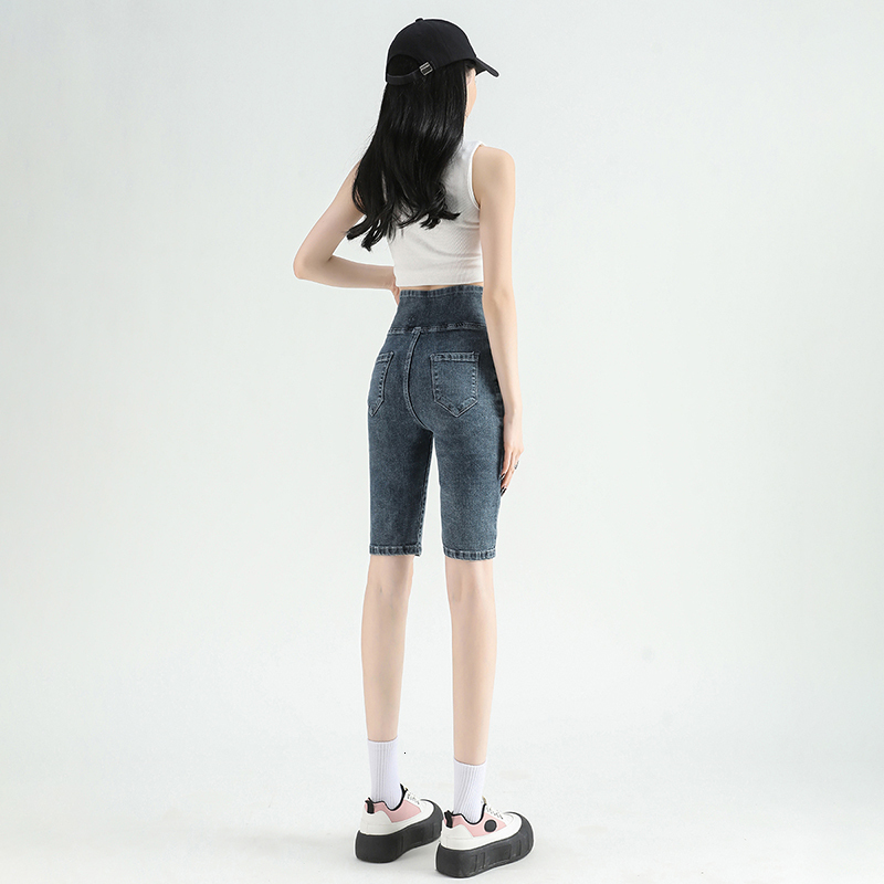 5569 denim shorts in summer, new high waisted, tight fitting, lightweight, elastic straight leg over the knee five quarter pants for women