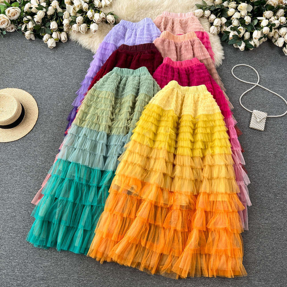 Gradient Irregular Mesh Womens Mid Length Cake Skirt, Fluffy High Waisted, Slimming A-line Fairy Skirt Waist Loose Short Bifurcated Pregnant Womens Dr