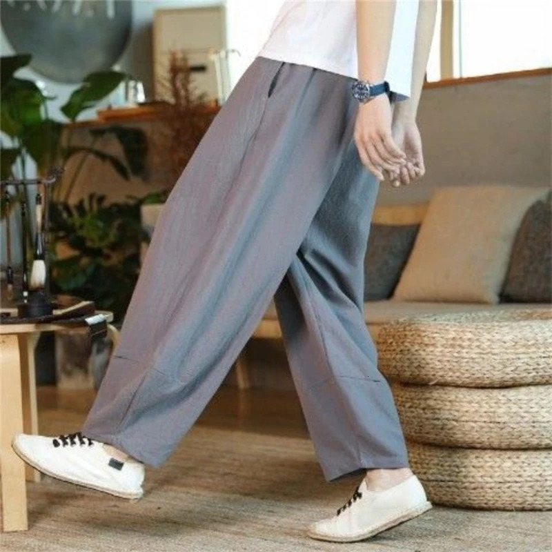 Men Clothes Summer Baggy Hippie Cotton Linen Harem Pants Y2K Male Streetwear Solid Wide Leg Trousers Retro Drawstring Pantalones 240717