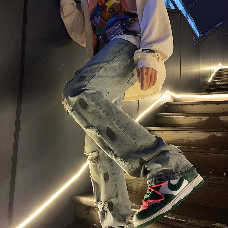 Trendy high street ripped jeans for men, ins with a sense of luxury, loose and casual straight fashion, summer wide leg pants