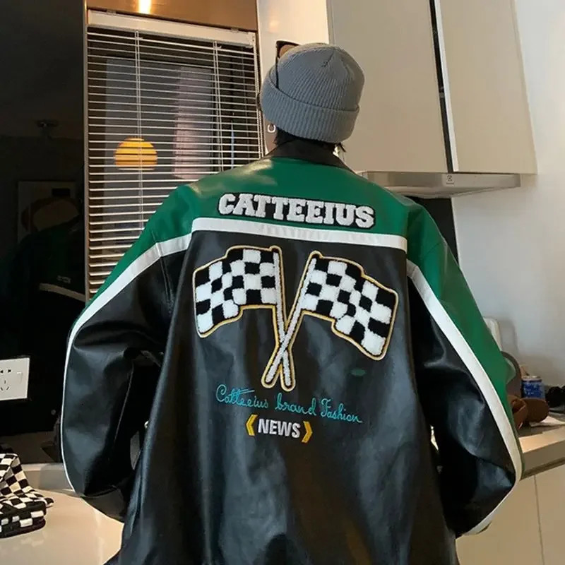 Street ruffian handsome pu leather bomber jacket couple American motorcycle suit baseball uniform retro fashion leather jacket 240716