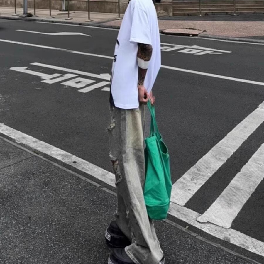 American washed pants, high street ripped jeans, men's straight leg loose and high-end beggar pants