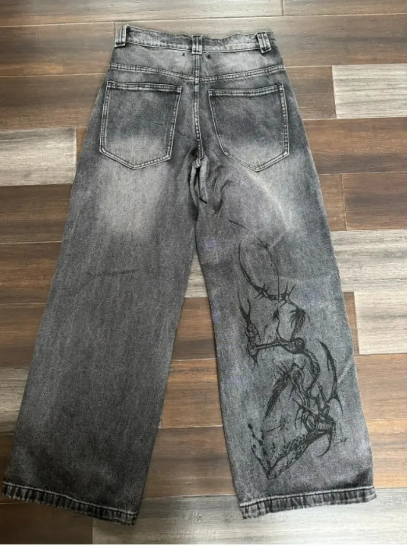 American Harajuku Vintage Print Jeans Y2K Women Washed Gray Straight Pants Street Gothic Loose Unisex Trousers 240708
