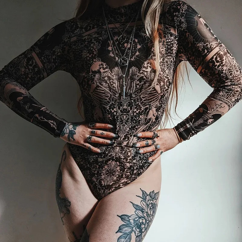 Gothic Print Naked See Through Bodycon Bodysuits Y2K Lace Mesh Long Sleeve Slim Jumpsuits Women Summer T-Shirts Tops Streetwear 240716
