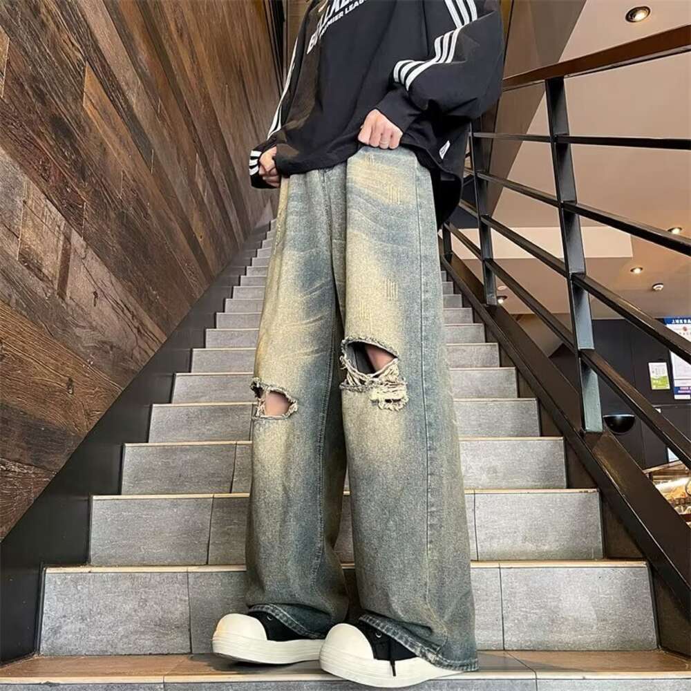 Hip hop ripped jeans men 2024 new summer American washed loose trendy brand casual pants