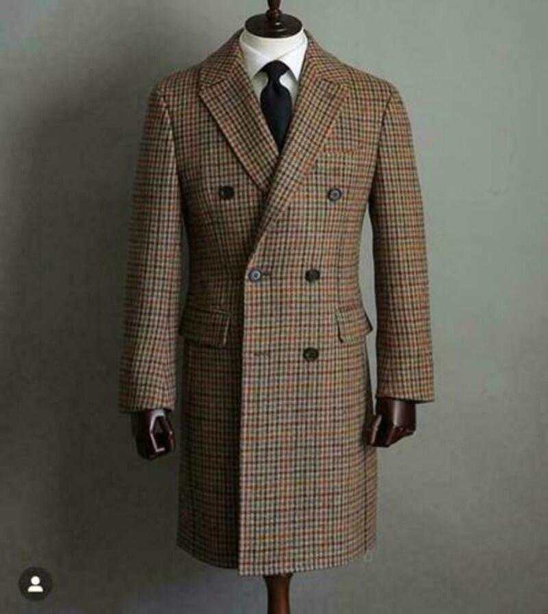 Casual Men Suits Thick Wool Custom Made Double Breasted Tuxedos Peaked Lapel Blazer Back Vent Business High Quality Popular Cheap Price Long Coat M101