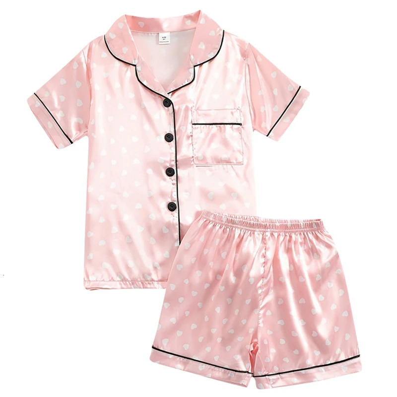 Childrens and girls pajama set summer short sleeved with short sleeved pajamas silk buttons down jacket 240704