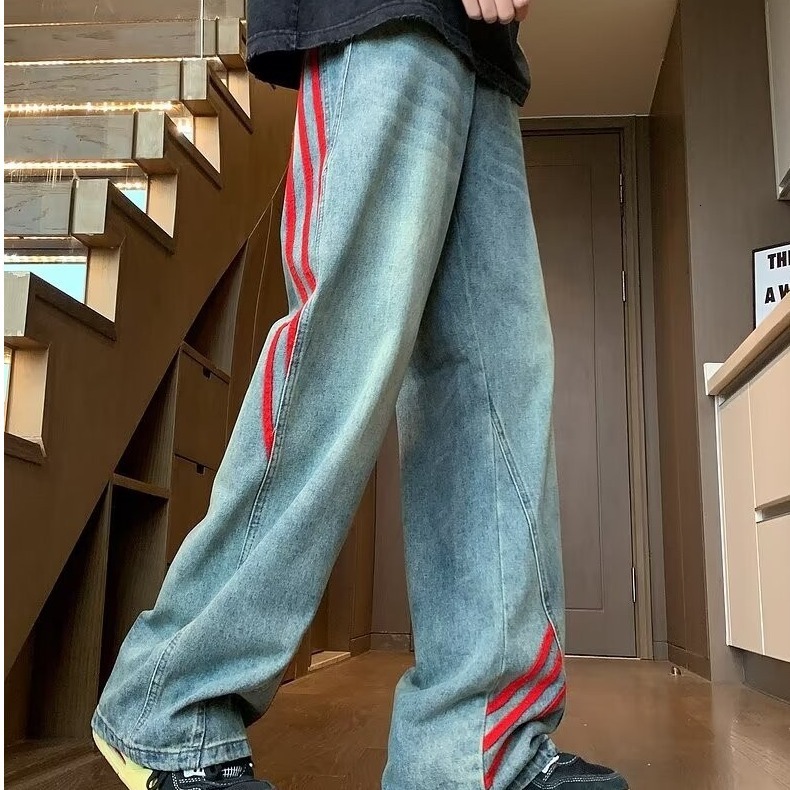 American striped splicing straight jeans for women's summer street design, high waist, loose drape, wide leg pants