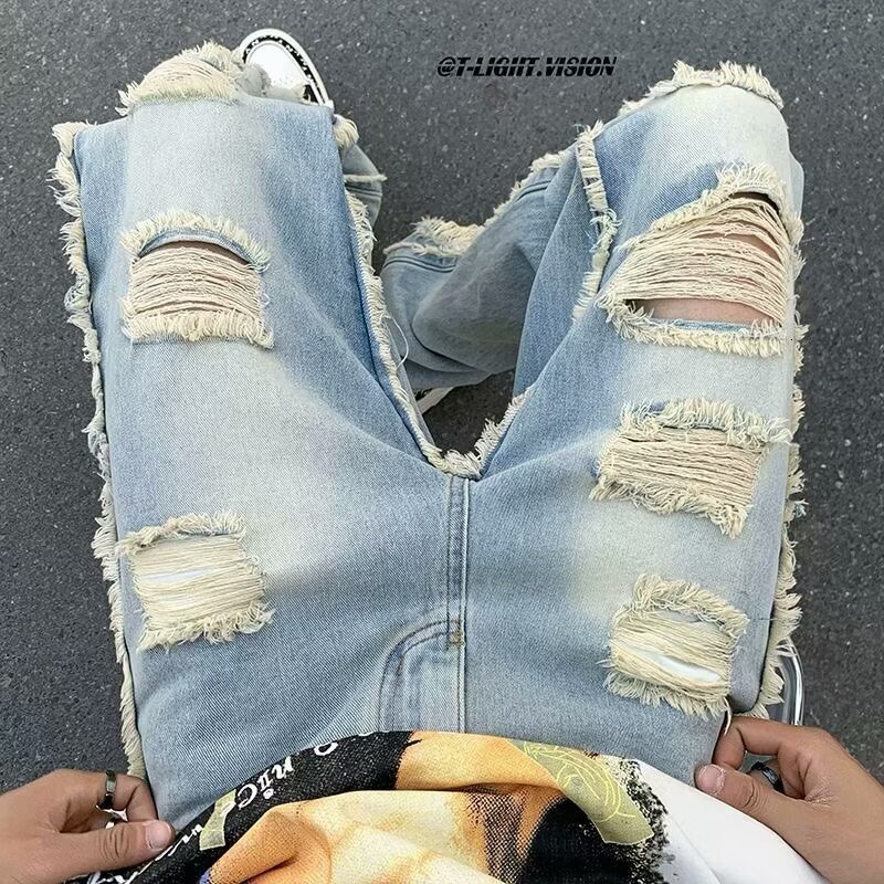 American style jeans for men, summer high ripped beggar pants, rugged and handsome, explosive street, slim fit straight leg pants