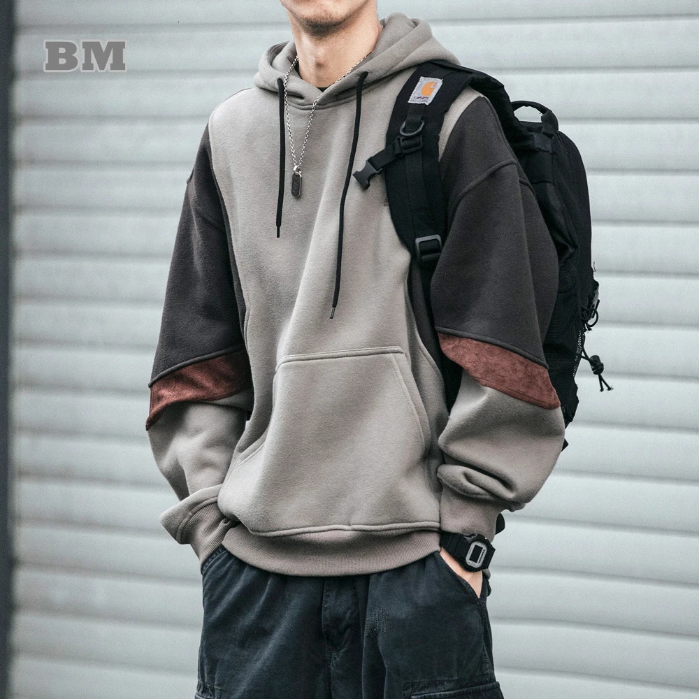 Plus Size Autumn Winter Korean High Quality Fleece Patchwork Hoodie Men Clothing Harajuku Japanese Streetwear Hip Hop Sweatshirt 240712