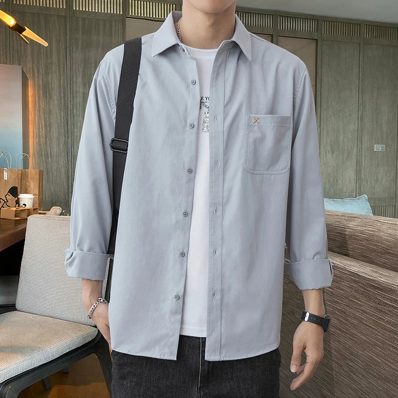 Long Four Season Shirt Mens Trend Grey Color Thin Teenager Top High Quality Soft Sleeve Male Top Big Size 4XL 240710