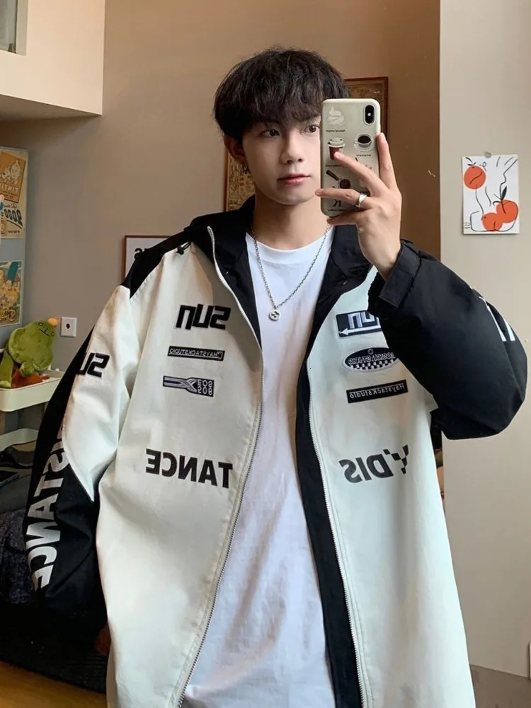 Men High Street Autumn Loose Letter Embroidery Baseball Bomber Outerwear Casual Coat Unisex Y2k Racer Hooded Jackets 240716