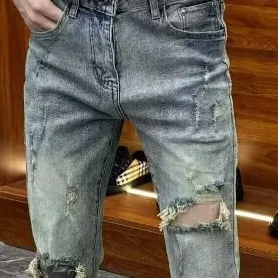 Designed ripped jeans men slim fit small feet for spring summer 2024, new items with scraped and stretchy distressed beggar pants