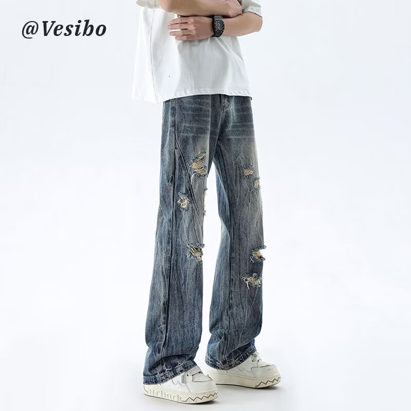 American style distressed beggar ripped jeans men's thin long washed loose straight leg micro flared pants