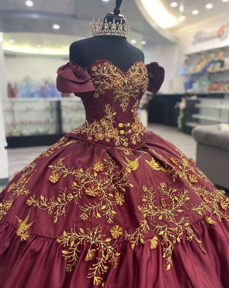 Bury Prom Dress Quinceanera Dresses Gold Embroidery Ral Ruffles Train Corset Vestidos Anos Princesa Sweet Lz0304