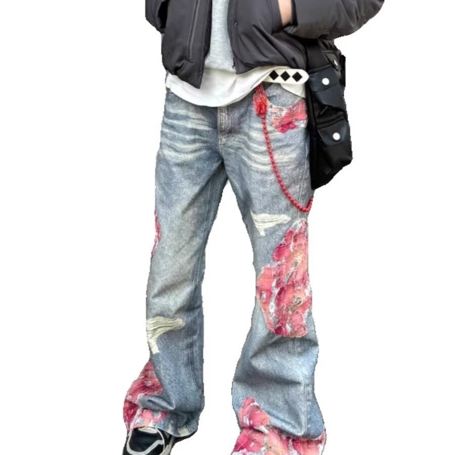 Cabbage Coke American Street High Rise Jeans Men's and Women's Micro Horn Printed Splicing Casual Pants