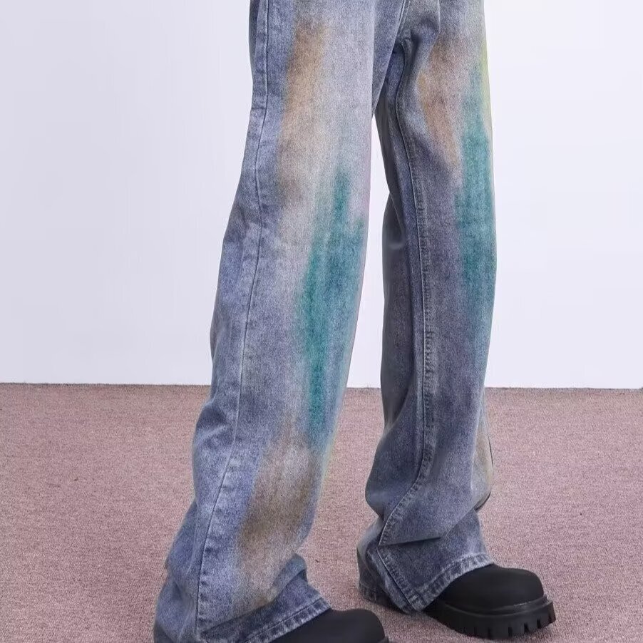 Spring Autumn Outdated Colorful Graffiti Wide Leg Street Jeans for Men and Women Straight Tube Loose Floor Pants