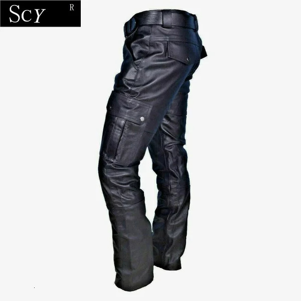 Mens Leather Motorcycle Pants with Cargo Pockets Black Leather Motorcycle Pants No Belt 240712