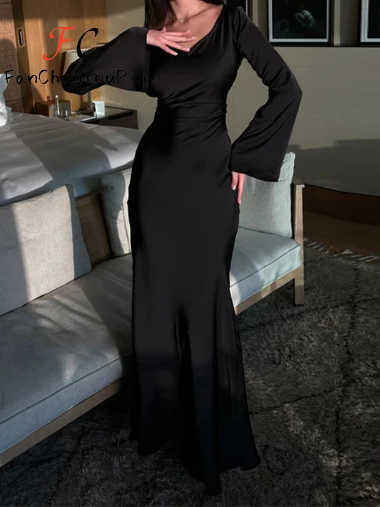 Women Prom Dresses 2024 Fashion Simple ONeck Satin Flare Sleeve Long Dress Elegant Lace Up Slim Evening Party Dresse 240716