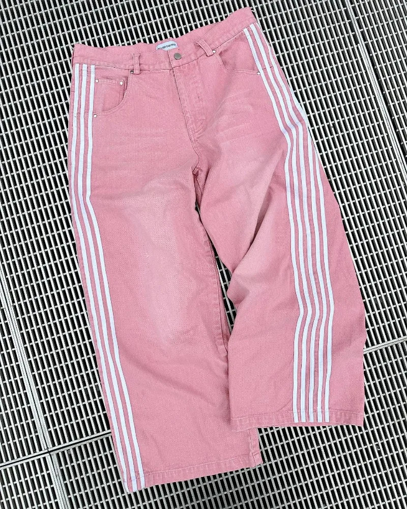 American Fashion Side Piping Striped Baggy Jeans Women Y2K Street Vintage Pop Gothic Casual Joker High Waist Wide Leg Pants 240713