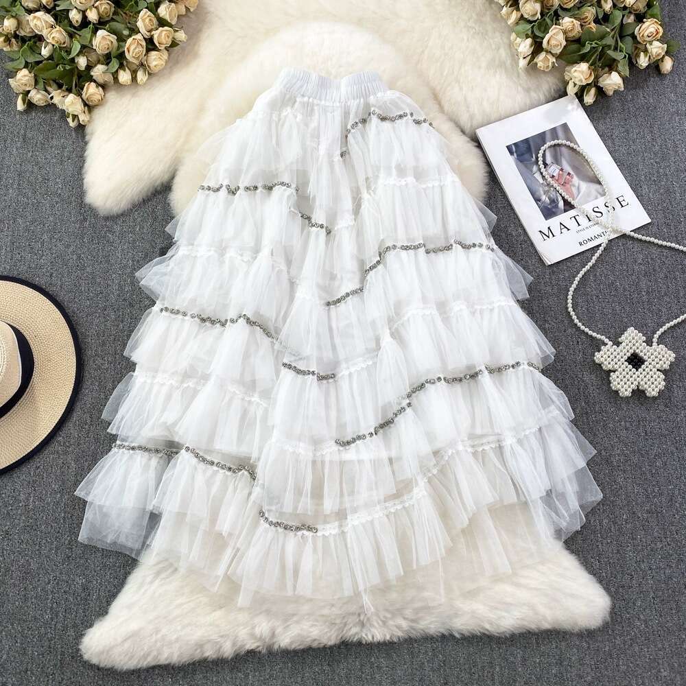 Fairy Mesh Womens Elastic Waist Slim A-line Diamond Embedding Skirt Long Over Knee Fluffy Cake Dress Summer Short Sexy Pregnant Womens Dress Round Nec