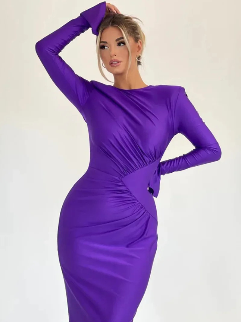 Autumn Oneck Long Sleeve Bodycon Folds Evening Dresses for Women Elegant Fashion High Waist Tunics Party Dress Female 240712
