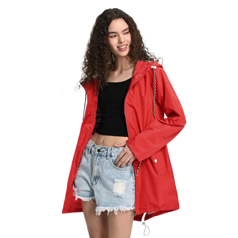 Womens Waterproof Raincoat Casual Basic Outdoors Trench Classic Zipper Long Windbreaker Outdoor Climbing Hooded Tops 240715