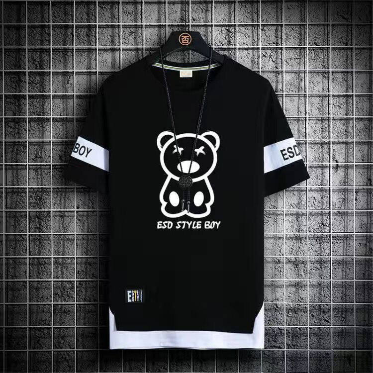 Summer printed short-sleeved t-shirt men's tide brand new loose fake two-piece five-point sleeve ins trend all-match half-sleeve top