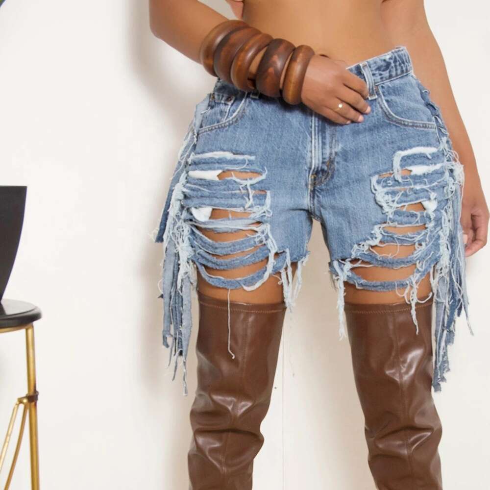 2023 Women's fashion high waist ripped jeans tassel denim shorts