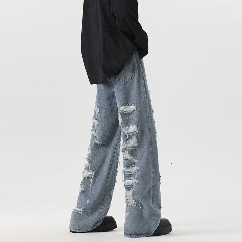 2024 American high street personalized ripped jeans, niche vintage design, long pants for men and women, spring trend