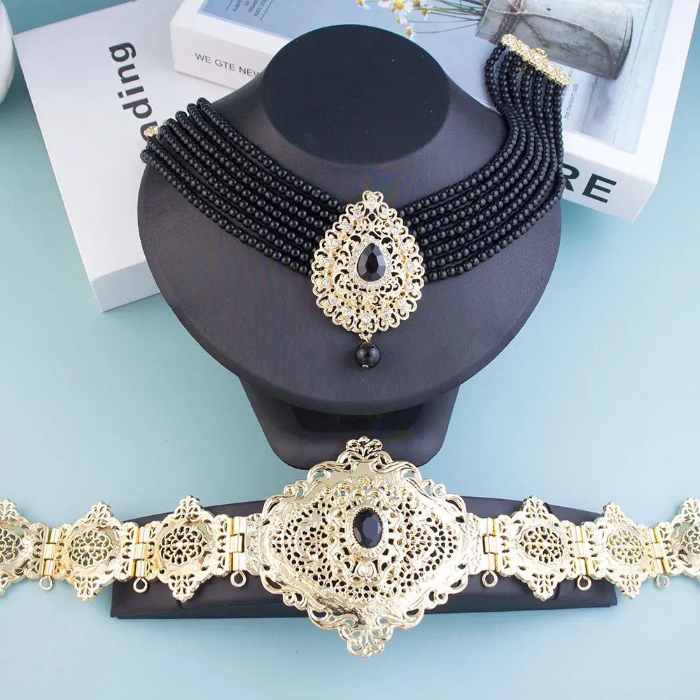 Sunspicems Chic Arabic Caftan Belt Choker Necklace Black Crystal Waist Chain Gold Color Morocco Bride Jewelry Beads 240709