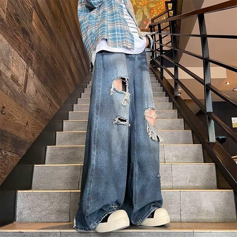 Washed, worn, hand cut, hole damaged style jeans, men's design sense, niche high street wide leg pants