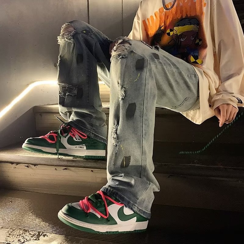 Trendy high street ripped jeans for men, ins with a sense of luxury, loose and casual straight fashion, summer wide leg pants