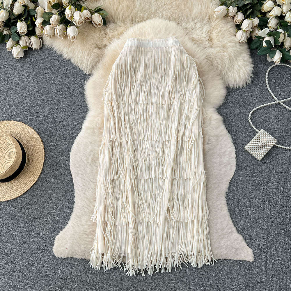 Summer New Pleated Red Tassel Niche Design, High-end Cake with A Slim Waist and Buttocks Wrapped Skirt Sexy Self-cultivation Novelty Denim Dress Overs