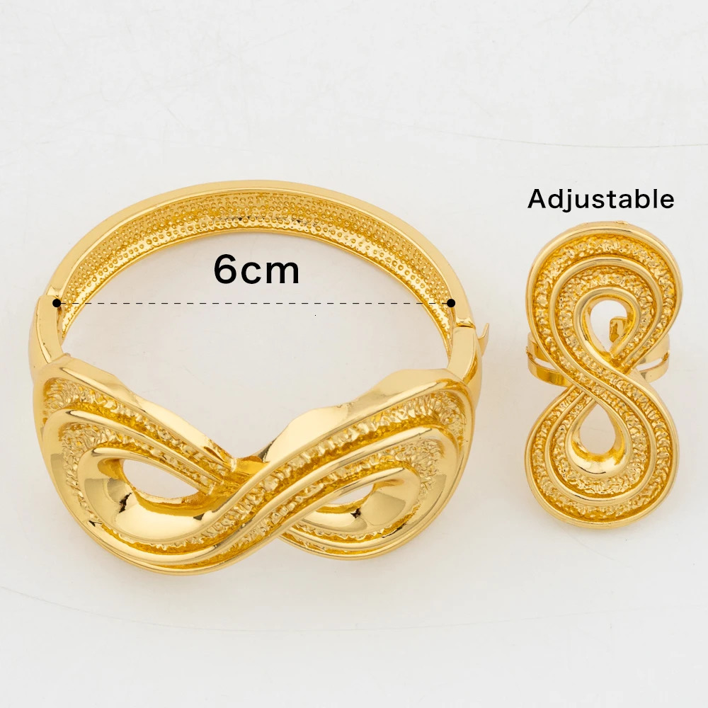 Cuff Bangle and Ring Jewelry Set for Dubai African 18k Gold Color Hand Bracelet Cocktail Ring Jewelry Set for Weddings Bride 240717