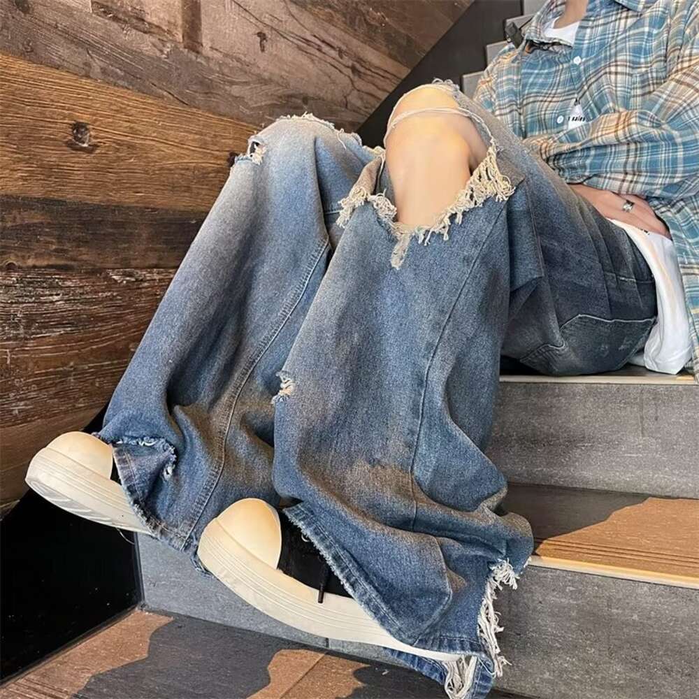 Washed, worn, hand cut, hole damaged style jeans, men's design sense, niche high street wide leg pants