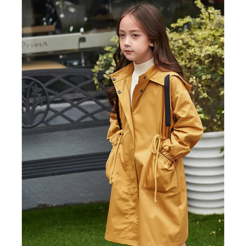 Kids Girls Trench Fashion Drawstring Hooded Jacket Tops Spring Autumn Children Clothes Teenager Girl Solid Color Coat 240710