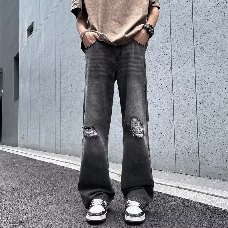 Summer Brand Cloth Piercing Black Grey Jeans Men's Loose Straight Wide Leg Rascal Handsome Large Casual Pants Trendy