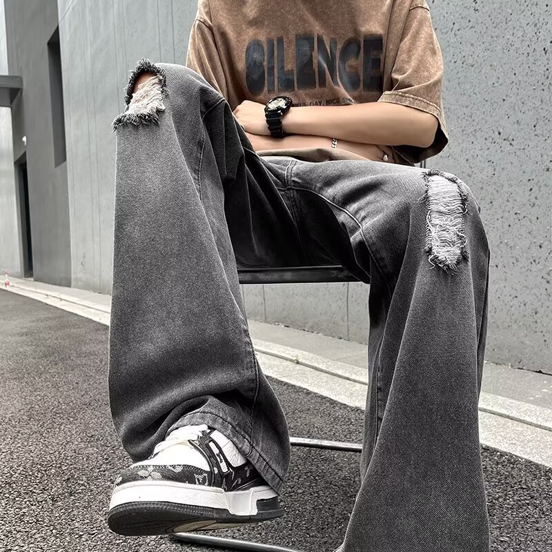 Summer Brand Cloth Piercing Black Grey Jeans Men's Loose Straight Wide Leg Rascal Handsome Large Casual Pants Trendy