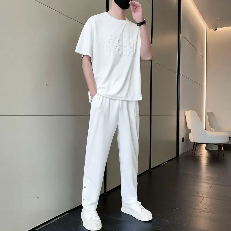 Top Alphabet Male T Shirt Jogging Sports Suits Plain Pants Sets Jogger Clothes for Men Grey Loose Tracksuit Fashion Stylish Chic 240715