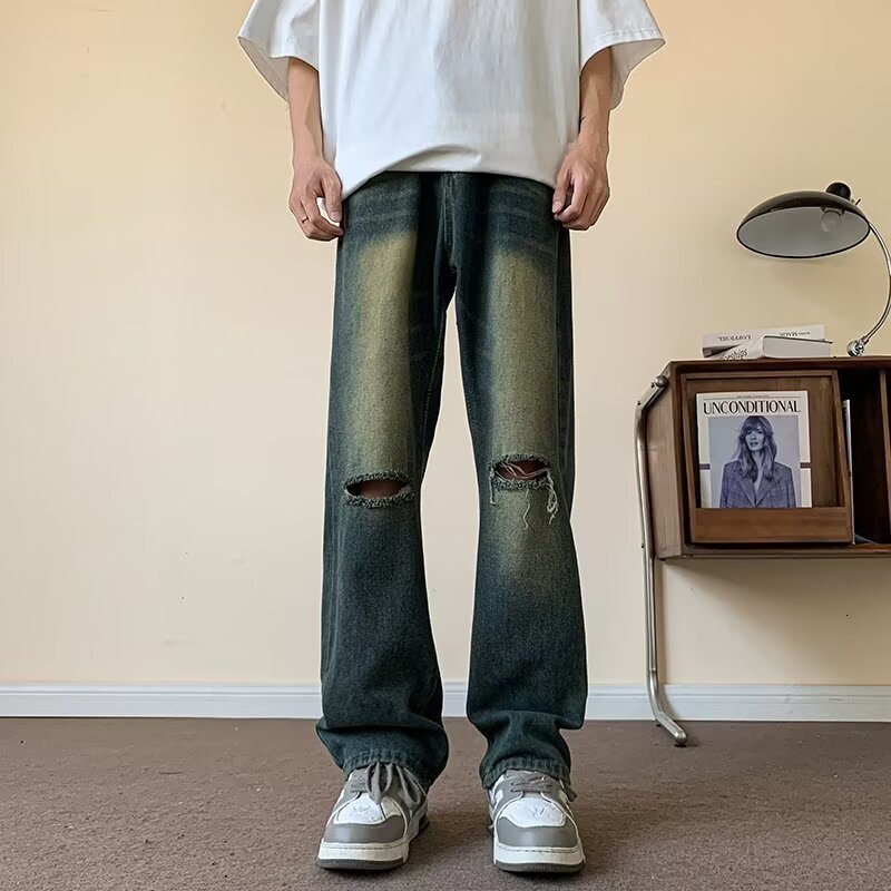 Broken hole jeans men's summer new style American high street design sense niche vintage washed loose straight leg long pants