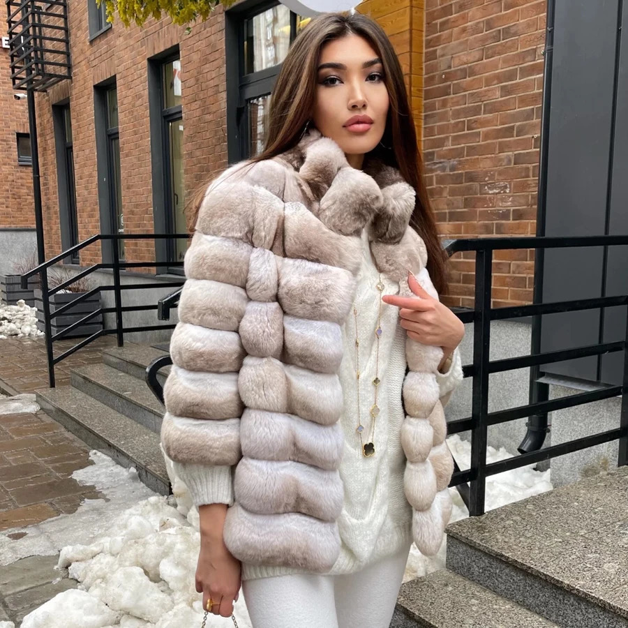 Women Rex Rabbit Fur Coat Winter Chinchilla Colour Fur Coat Winter Jacket Women Natural Short Fur Coat 240708