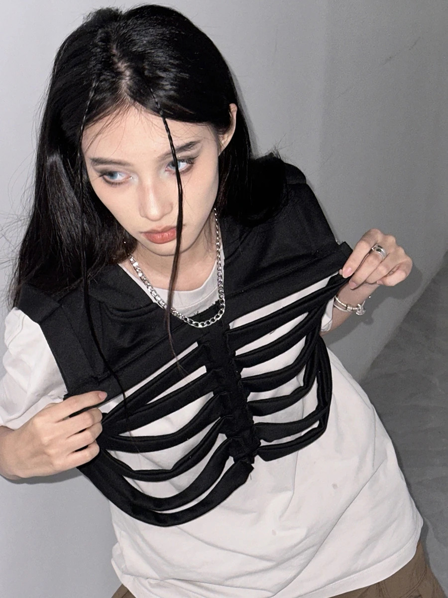 Men Women Vest Coat Chic Sleeveless Hooded Vest Hollowed Skeleton Gilet Solid Color Hoodie Streetwear for Party Club Grunge Y2K 240708