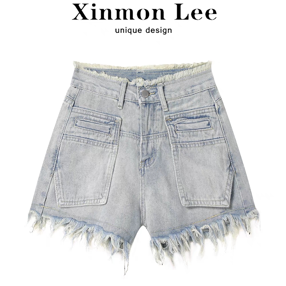 InmonLee's niche design style, fringed straight leg jeans, children's summer new high waist slimming versatile shorts
