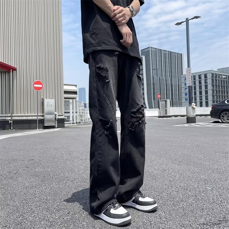 2024 Summer Fashion Micro La Gao Street Boys with Broken Holes Light Blue Versatile Jeans for Men and Women