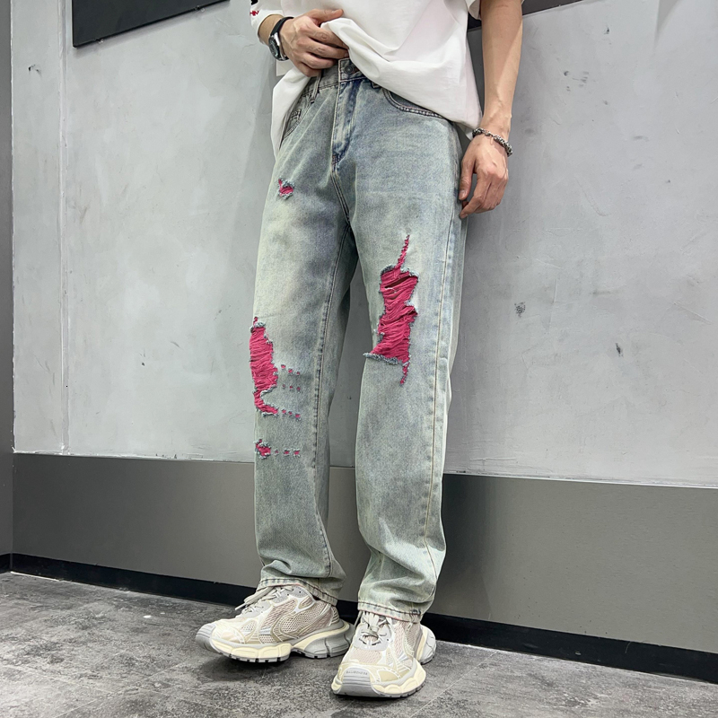 2024Washed jeans for men, American fashion brand ripped pants, trendy loose straight leg men's denim pants