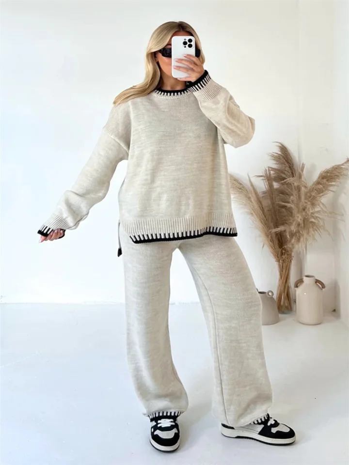 Knitted Long Women Pant Sets Oversized Patchwork Lady Sweater Pullover Suit Wide Leg Elastic Waist Elegant Female Top Set 240712